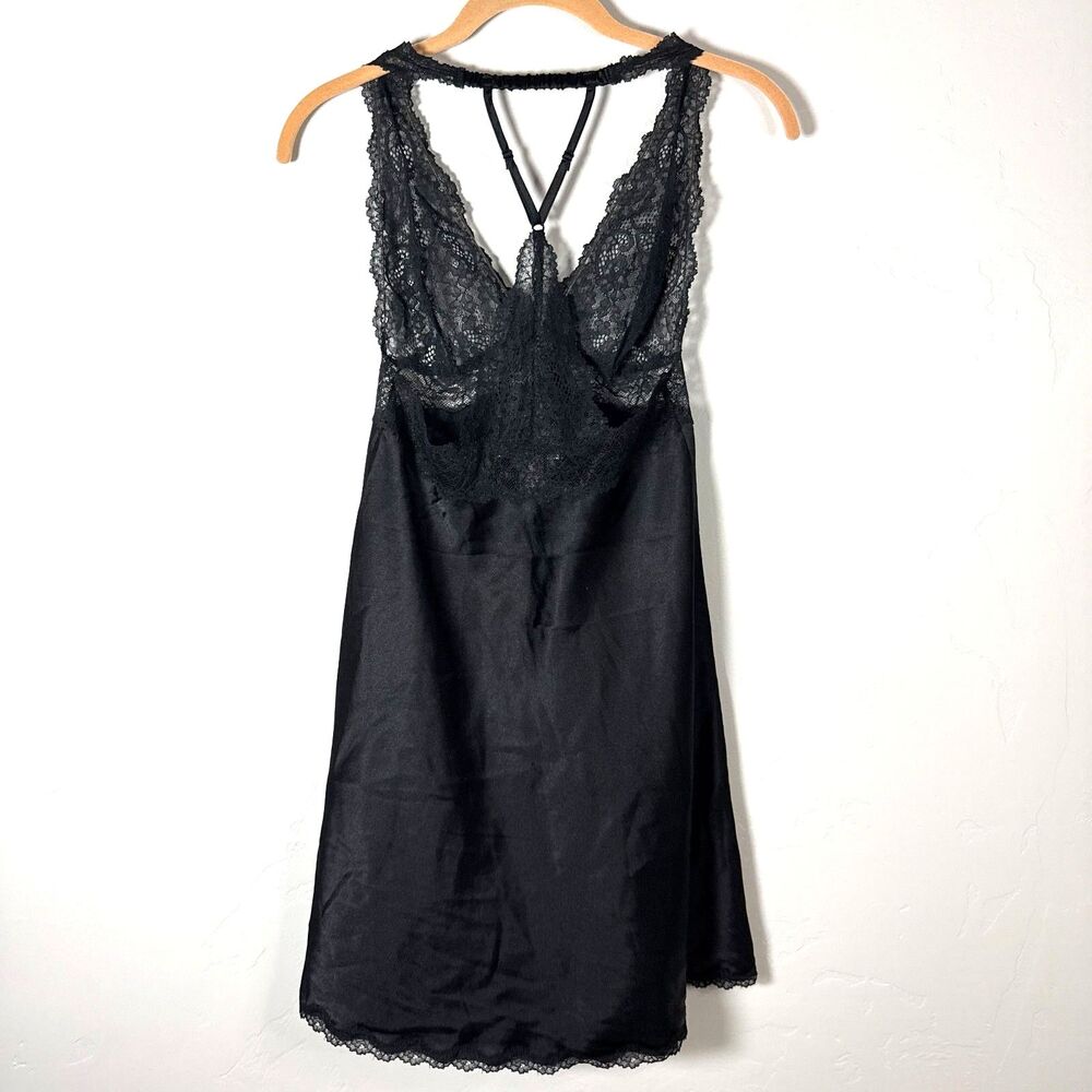 Victorias Secret Black Satin Lace Slip Dress S Chemise Nightgown Racerback EUC